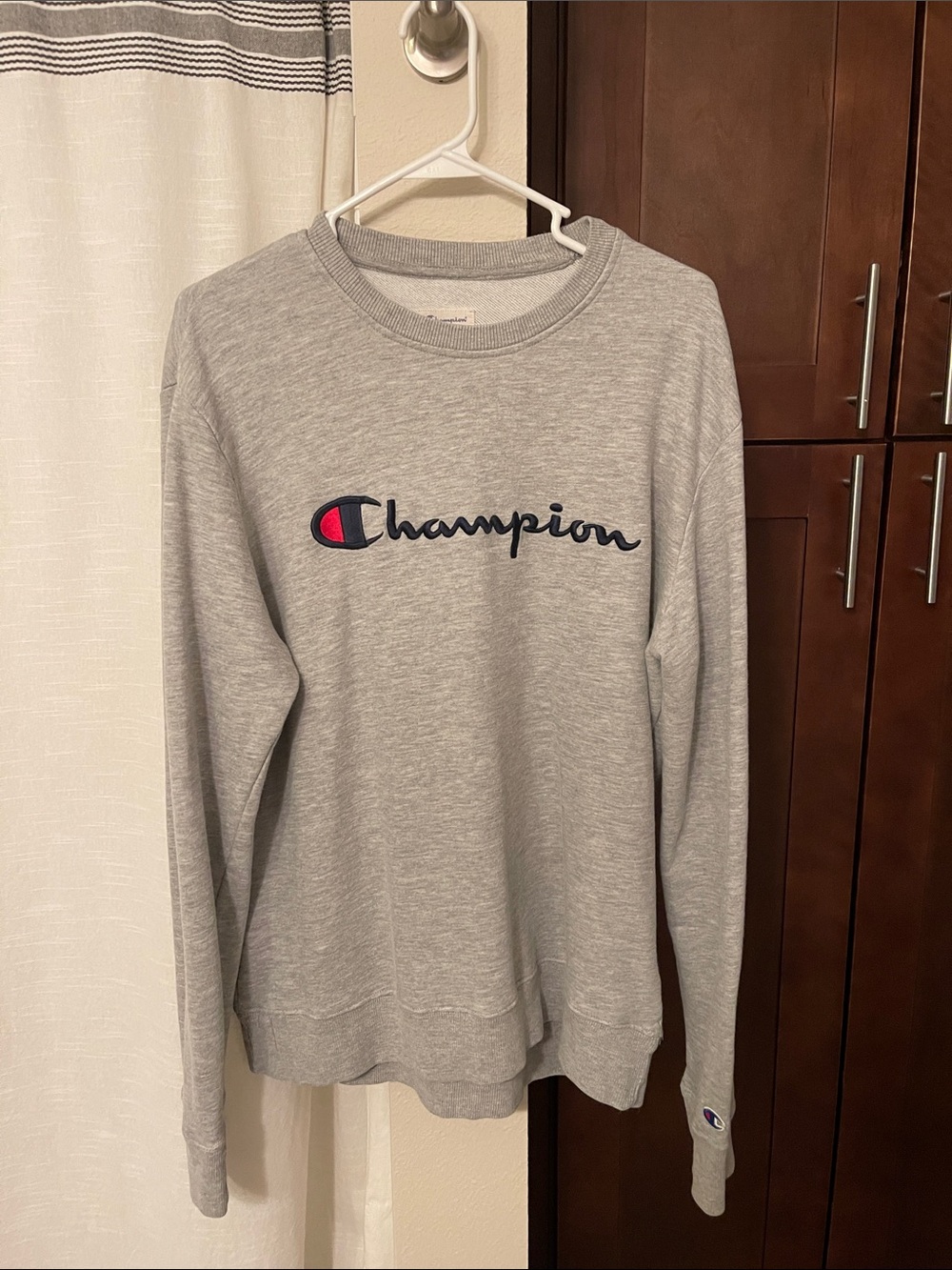 Champion Light Gray Crewneck Sweatshirt with Script Logo